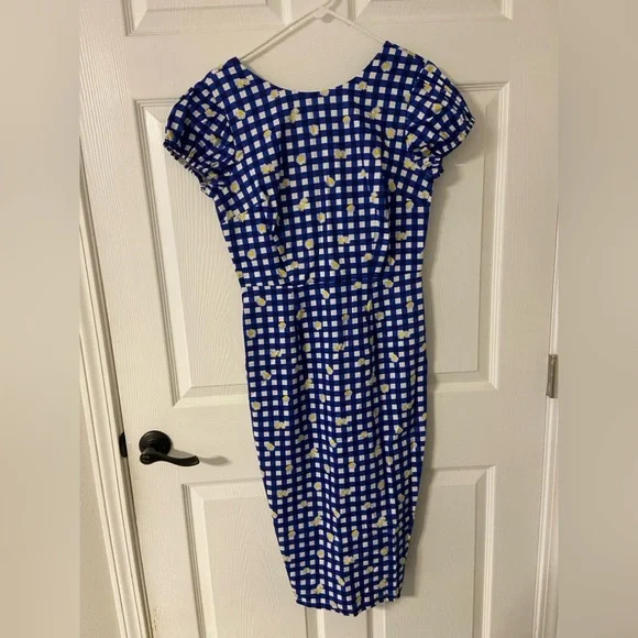 T34a- COLLECTIF LONDON Blue-White GINGHAM Plaid DAISIES Midi DEMIRA Sheath Dress - Picture 9 of 10